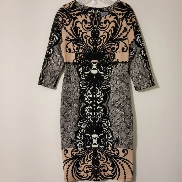 Rabbit Rabbit Rabbit Design Dresses | Nwt! Rabbit Rabbit Rabbit Design Damask Print 3/4 Sleeve Sheath Dress Size 4 | Color: Black/Cream | Size: 4 |